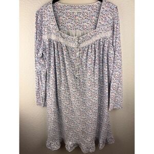 Eileen West Womens Nightgown Floral Print Long Sleeve Lace Trim‎ Button Up M